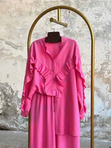 Fırfır Detaylı Gofre Kumaş Takım (Pembe)