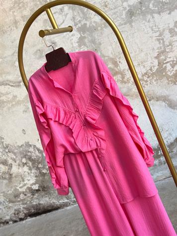 Fırfır Detaylı Gofre Kumaş Takım (Pembe)