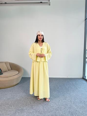 Fiyonk Bağlama Detaylı Gofre Kumaş Etekli Takım (Sarı) 