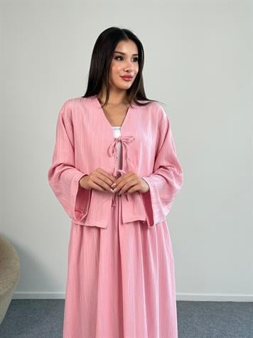 Fiyonk Bağlama  Detaylı Gofre Kumaş Etekli Takım (Şeker Pembesi)