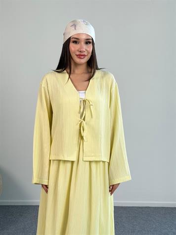 Fiyonk Bağlama Detaylı Gofre Kumaş Etekli Takım (Sarı) 