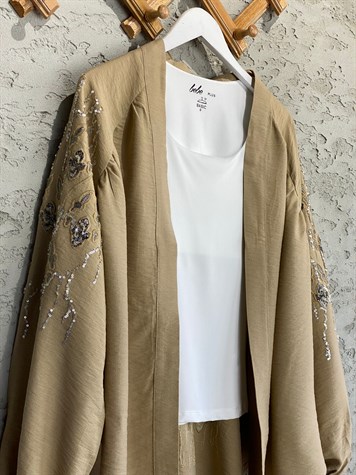 Full Payet İşlemeli Özel Tasarım Kimono (Bej)
