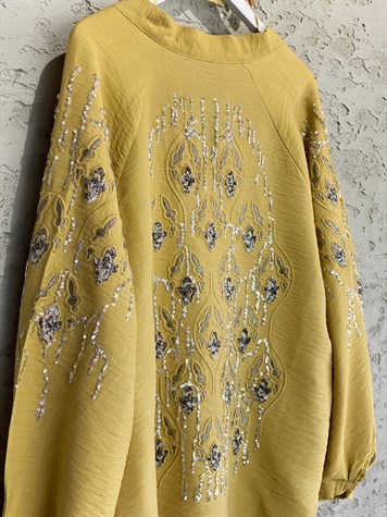 Full Payet İşlemeli Özel Tasarım Kimono (Hardal Sarı)