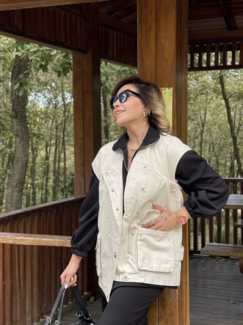 Gabardin Çıtçıtlı Tasarım Yelek (Ekru)