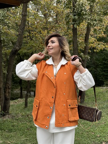 Gabardin Çıtçıtlı Tasarım Yelek (Oranj)