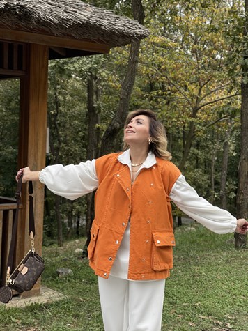 Gabardin Çıtçıtlı Tasarım Yelek (Oranj)