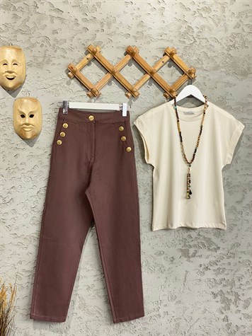 Gabardin Doku Gold Tasarım Düğmeli Pantolon (Kahverengi)