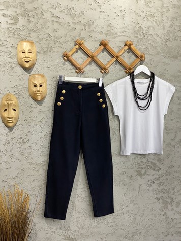 Gabardin Doku Gold Tasarım Düğmeli Pantolon (Siyah)