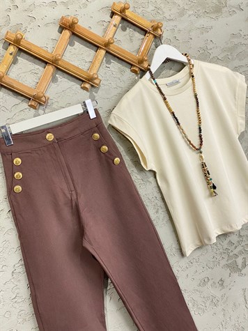 Gabardin Doku Gold Tasarım Düğmeli Pantolon (Kahverengi)