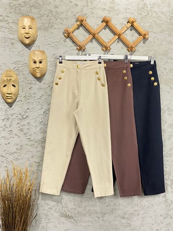 Gabardin Doku Gold Tasarım Düğmeli Pantolon (Siyah)