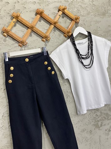 Gabardin Doku Gold Tasarım Düğmeli Pantolon (Siyah)