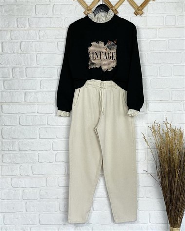 Gabardin Kumaş Beli Lastikli Pantolon