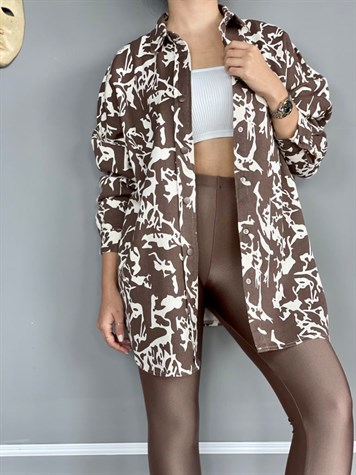 Gabardin Kumaş Desenli Oversize Gömlek