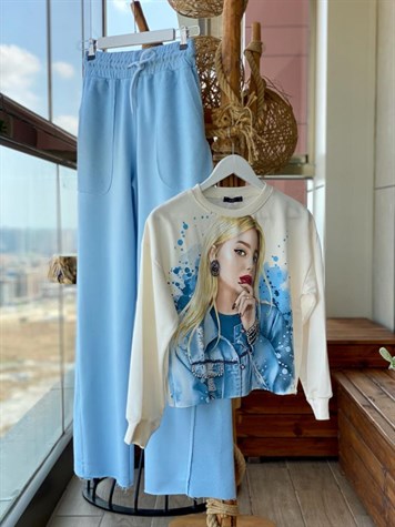 Geniş Paça İkiiplik Sweat Kumaş Pantolon (MAVİ)