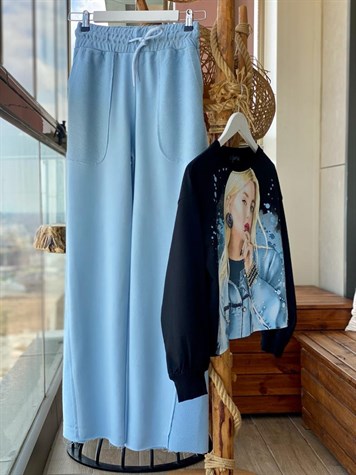 Geniş Paça İkiiplik Sweat Kumaş Pantolon (MAVİ)