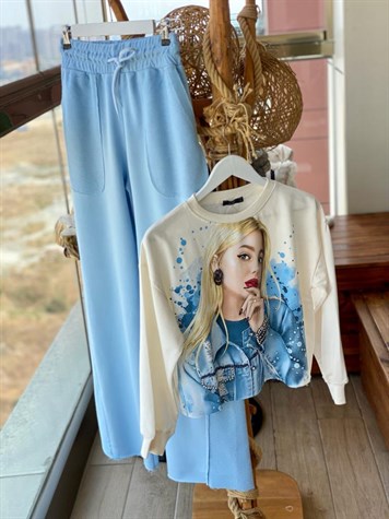 Geniş Paça İkiiplik Sweat Kumaş Pantolon (MAVİ)