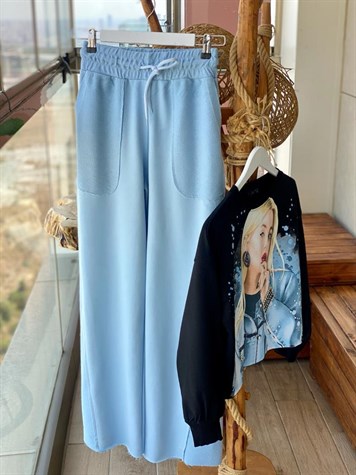 Geniş Paça İkiiplik Sweat Kumaş Pantolon (MAVİ)