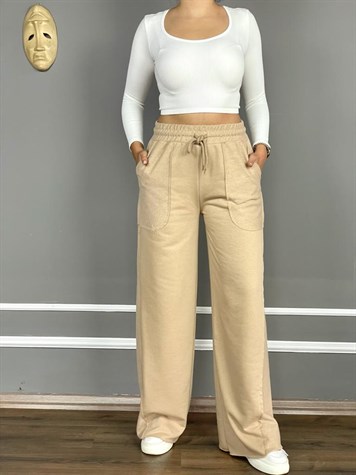 Geniş Paça İkiiplik Sweat Kumaş Pantolon (CAMEL)