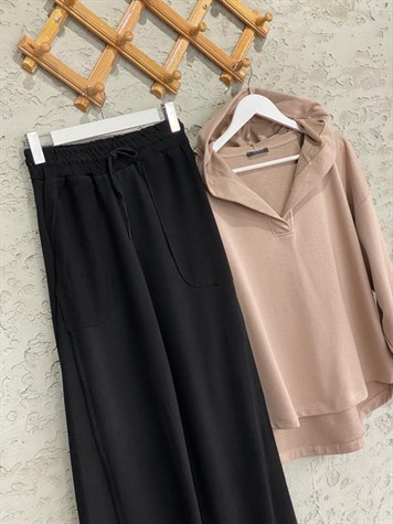 Geniş Paça İkiiplik Sweat Kumaş Eşofman (Siyah)