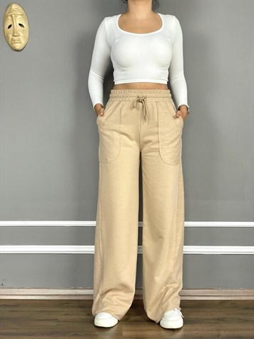 Geniş Paça İkiiplik Sweat Kumaş Pantolon (CAMEL)