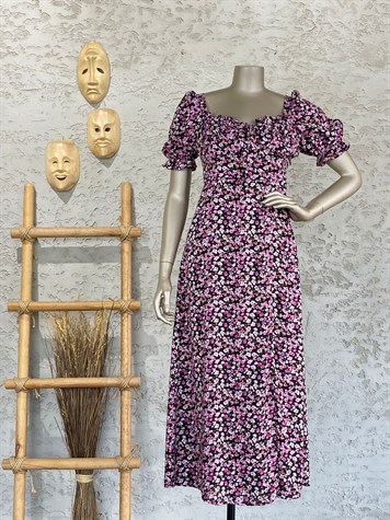 Gipeli Ön Bağlamalı Çıtır Çiçekli Elbise (Pembe)