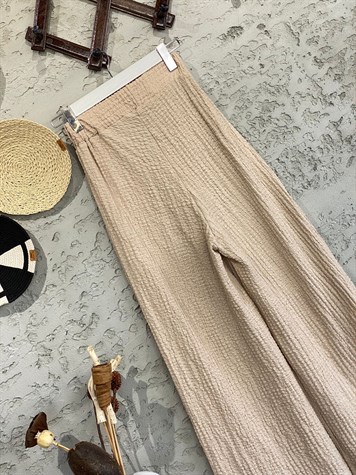 Gofre Kumaş Beli Lastikli Bol Paça Pantolon (Bej)