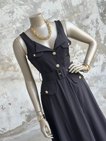 Gold Düğme Detaylı Kloş Elbise (Siyah)