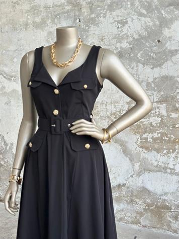 Gold Düğme Detaylı Kloş Elbise (Siyah)