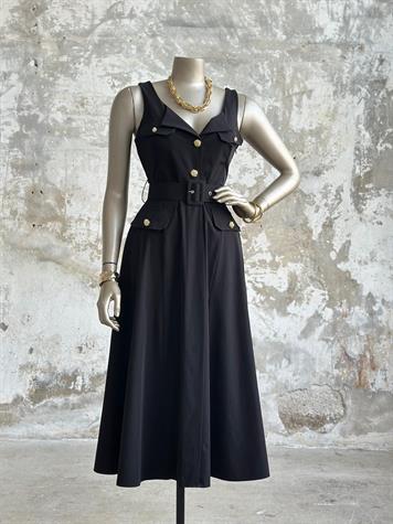 Gold Düğme Detaylı Kloş Elbise (Siyah)