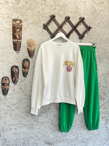 Good Luck Sırtı Baskılı Renkli Salaş Sweat (Ekru)