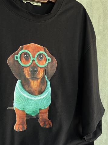 Gözlüklü Köpek Baskılı  Oversize Tişört (Siyah)