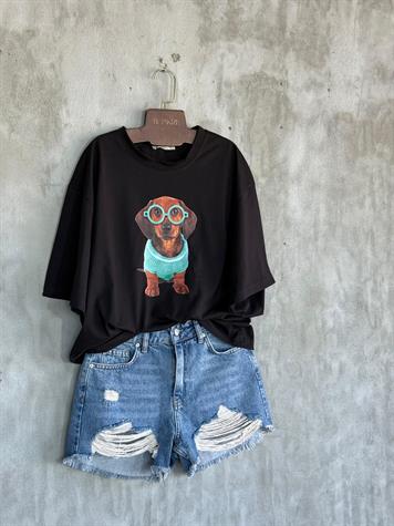 Gözlüklü Köpek Baskılı  Oversize Tişört (Siyah)
