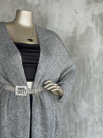 Gümüş Simli Önü Açık Triko Hırka (Gri)