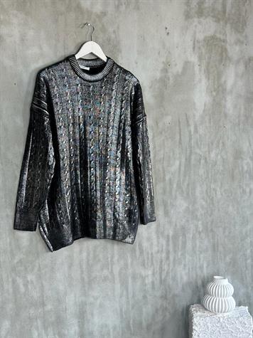 Gümüş Varaklı Tunik Boy Kadın Kazak (Siyah)