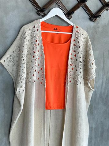 Güpür Dantelli Uzun Naturel Kaftan (Bej)