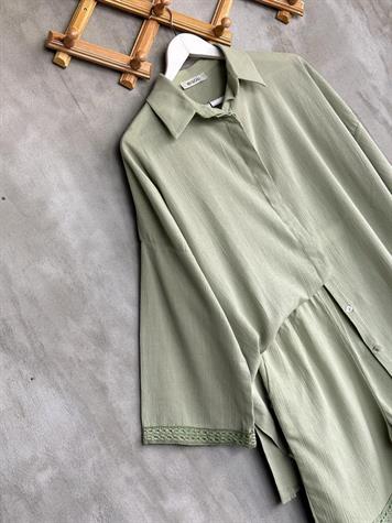Güpür Detaylı Şortlu Müslin Kumaş Gömlek Takım (Mint)