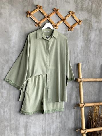 Güpür Detaylı Şortlu Müslin Kumaş Gömlek Takım (Mint)