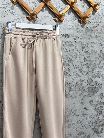 Hafif Simli Yüksek Bel Eşofman Pantolon (Bej)