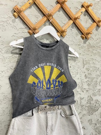 Halter Yaka Baskılı Crop Tişört (Antrasit)