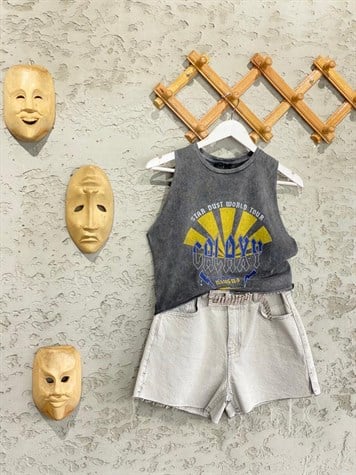 Halter Yaka Baskılı Crop Tişört (Antrasit)