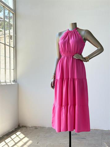 Halter Yaka Belden Lastikli Elbise (Pembe)