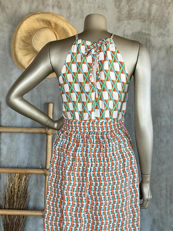 Halter Yaka Boyundan Bağlamalı Geometrik Desen Elbise (Karışık Renk)