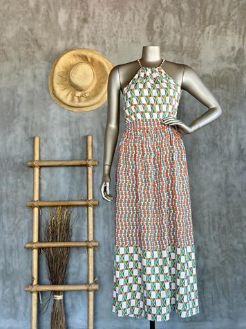 Halter Yaka Boyundan Bağlamalı Geometrik Desen Elbise (Karışık Renk)