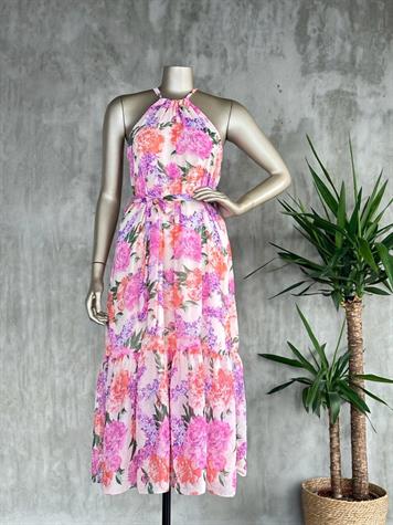 Halter Yaka Çiçekli Elbise (Pembe)