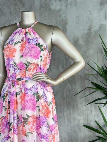 Halter Yaka Çiçekli Elbise (Pembe)