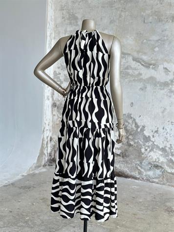 Halter Yaka Dalga Desen Belden Lastikli Elbise (Siyah)