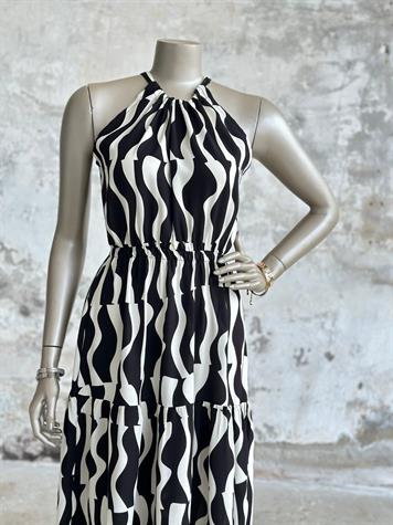 Halter Yaka Dalga Desen Belden Lastikli Elbise (Siyah)