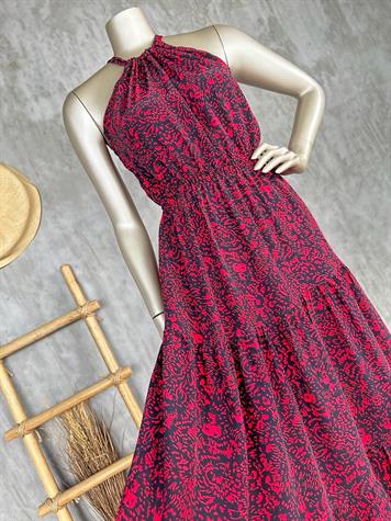 Halter Yaka Desenli Elbise (Kırmızı)