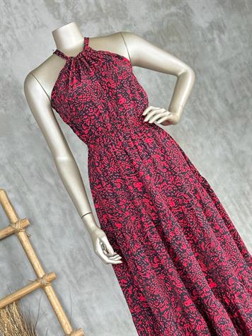 Halter Yaka Desenli Elbise (Kırmızı)