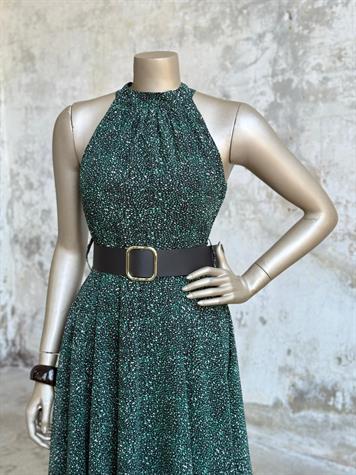 Halter Yaka Desenli Kemerli Şifon Elbise (Zümrüt Yeşili)